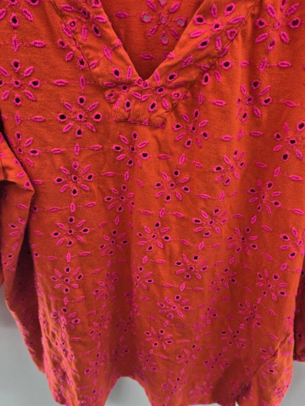 J. Jill Orange Pink Embroidered Eyelet Balloon Sleeve Tunic Blouse Top Small - Picture 5 of 13